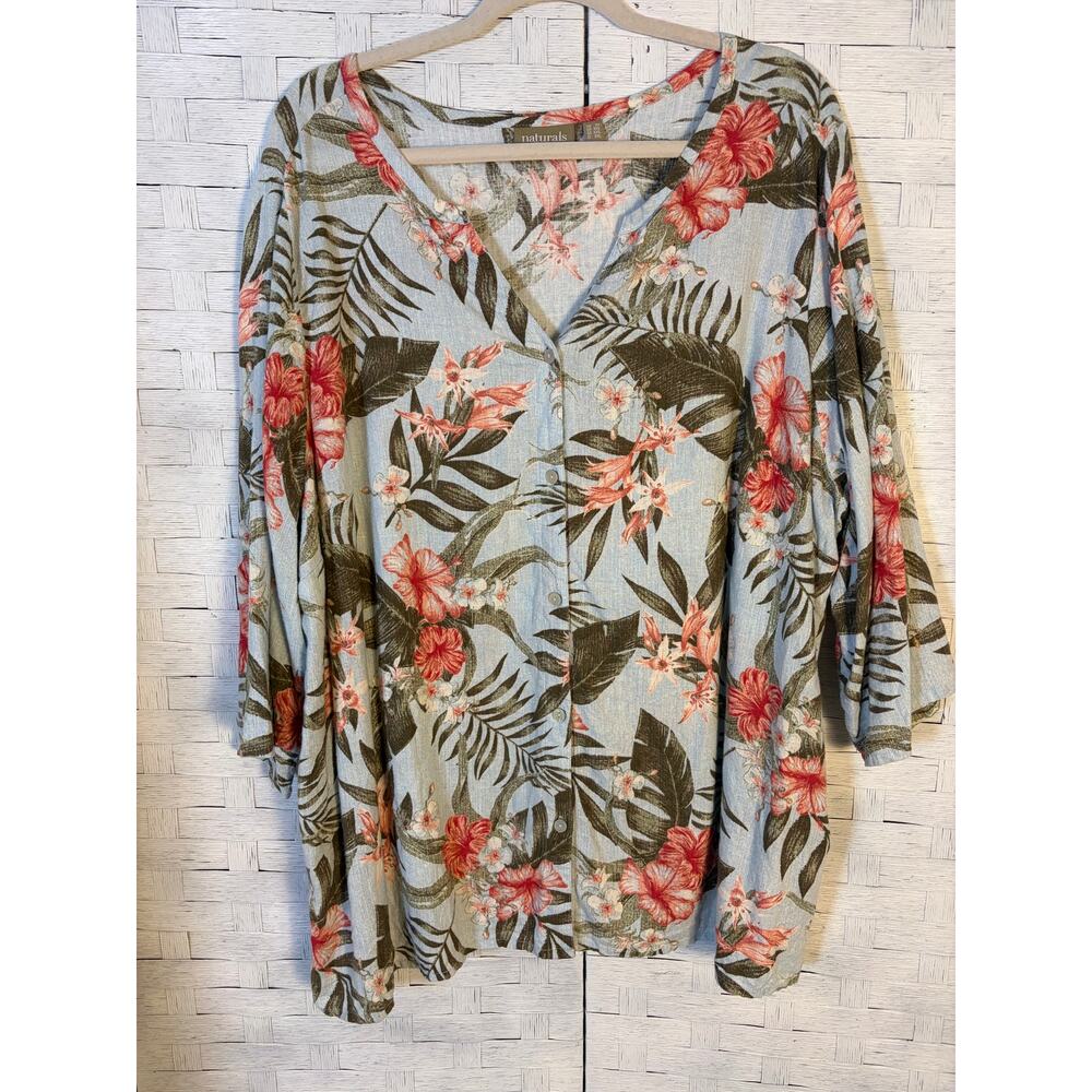Naturals d&co. Women’s blouse, V-neck Bohemian‎ tropical floral travel plus size